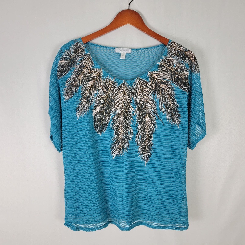 Dressbarn Womens XL Petite Top Open Knit Feather Print Short Sleeve Lined Shirt